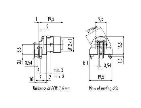 Výkres v měřítku M12 Přírubová zátka, úhlová, : 4, nestíněný, THR, IP68, UL 2238, Přední montáž, pro montáž desek plošných spojů, dvoudílný verze