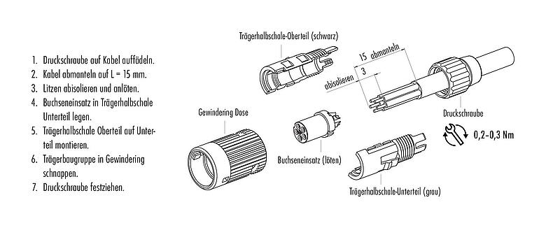 Montageanleitung Bajonett Kabeldose, Polzahl: 2, 3,0-4,0 mm, ungeschirmt, löten, IP40