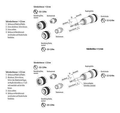 Montageanleitung M9 Kabeldose, Polzahl: 3, 4,0-5,5 mm, schirmbar, löten, IP67, Irisfeder