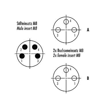 Disposition des contacts (Côté plug-in) M8 Répartiteur double, Y-distributeur, mâle - 2 femelle, Contacts: 4/3, non blindé, enfichable, IP68, UL 2238