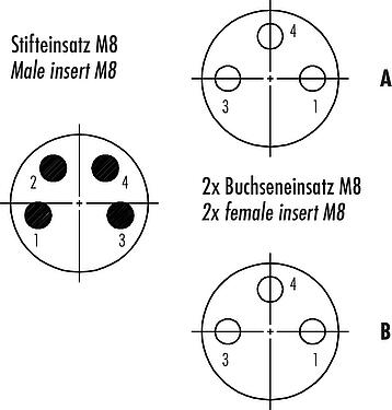 Contact arrangement (Plug-in side) M8 Twin distributors Y-distributor, male connector - 2 female connector, Contacts: 4/3, unshielded, pluggable, IP67, UL 2238
