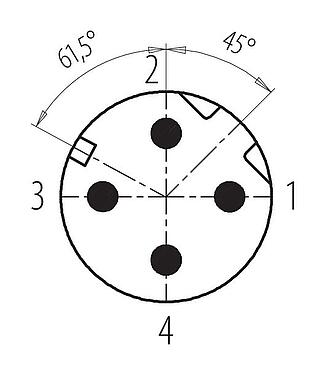 Polbild (Steckseite) M12 Kabelstecker, Polzahl: 4, 5,0-8,0 mm, schirmbar, crimpen (Crimpkontakte müssen separat bestellt werden), IP67
