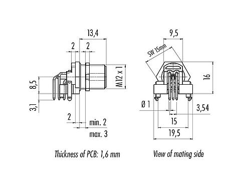 Méretarányos rajz M12 panelre szerelhető csatlakozó, derékszögű, : 5, árnyékolatlan, THR, IP68, UL 2238, hátsó panel felszerelés, PCB szereléshez