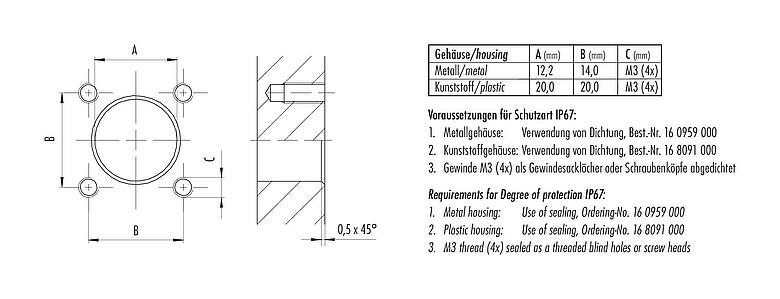 Szerelési adatok M12 négyzet alakú-panelre szerelhető csatlakozó, : 8, árnyékolatlan, sodrott vezeték, IP69k, IP68, IP67, UL 2238, M3 (4x), elülső rögzítés, négyzet alakú ház 20 mm, pozicionálható kódolási igazítás