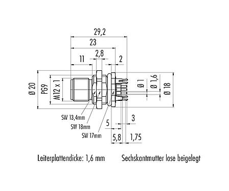 Maßzeichnung M12 Flanschstecker, Polzahl: 5, schirmbar, THT, IP68, UL 2238, PG 9, Rückwandmontage