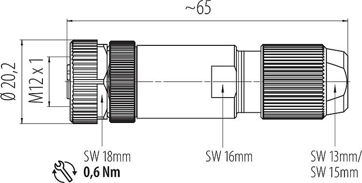 比例圖 M12 直頭孔頭電纜連接器, : 5, 5.0-8.0mm, 可接遮罩, 螺釘接線, IP67, UL 2238, 虹膜彈簧