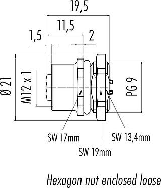 Scale drawing M12 Female panel mount connector, Contacts: 5, unshielded, solder, IP67, UL 2238, PG 9, Front mounting