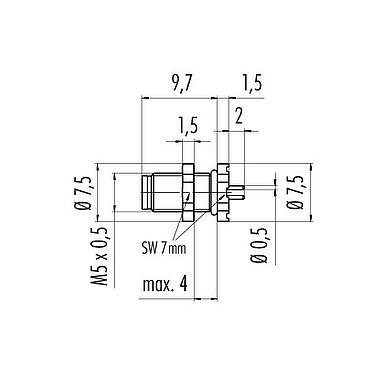 Maßzeichnung M5 Flanschstecker, Polzahl: 3, ungeschirmt, THT, IP67, M5x0,5, Rückwandmontage