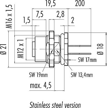 Scale drawing M12 Female panel mount connector, Contacts: 12, unshielded, single wires, IP68, UL 2238, M16x1.5, Rear mounting, stainless steel, potted