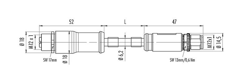 Scale drawing M12 Connecting cable male cable connector - female cable connector, Contacts: 8, shielded, moulded on the cable, IP67, UL, PUR, green, AWG 26/7, 5 m