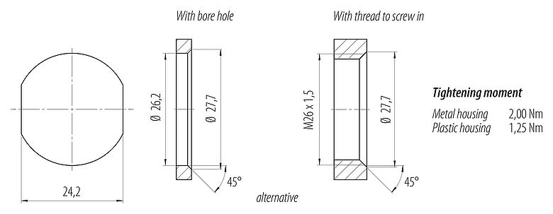 Szerelési adatok 7/8" panelre szerelhető foglalat, : 4+PE, árnyékolatlan, sodrott vezeték, IP68, UL 2238, VDE, elülső rögzítés