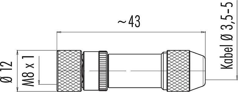 Maßzeichnung M8 Kabeldose, Polzahl: 3, 3,5-5,5 mm, schirmbar, löten, IP67, UL 2238