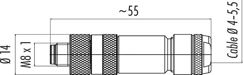 縮尺図 M8 オスコネクタケーブル, 極数: 4, 4.0-5.5mm, シールド可能, ねじ圧着, IP67, UL 2238, アイリスフェーダー