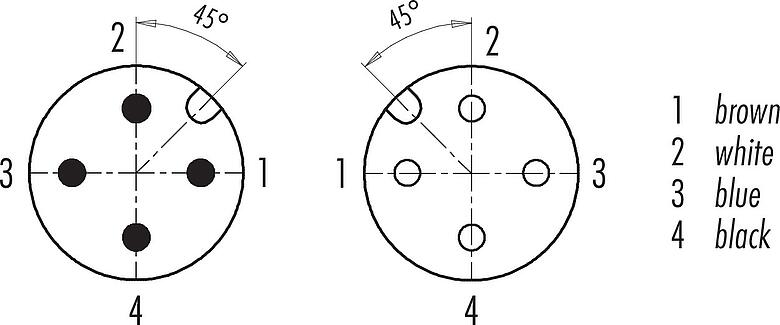 접점 배치(접속측) M12 연결 케이블 케이블 커넥터 - 케이블 소켓, 콘택트 렌즈: 4, 차폐되지 않음, 케이블에 몰딩, IP67/IP69K, UL 2238, PUR, 검정, 4x0.34 mm², 1m