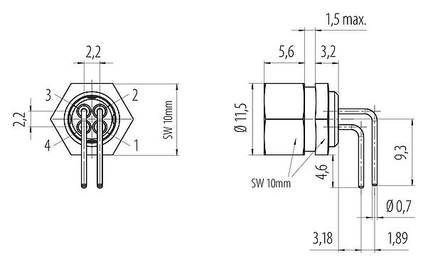 Connection & dimensions M9 Female angled panel mount connector, Contacts: 4, unshielded, THT, IP40, Front mounting