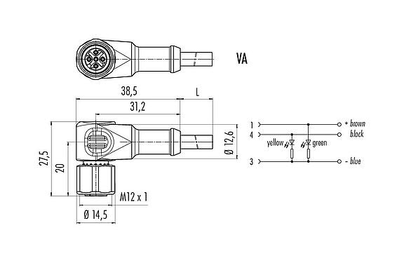 Bản vẽ tỷ lệ M12 Ổ cắm bẻ góc, Số lượng cực : 3, không có chống nhiễu, ép phun vào dây cáp, IP68/IP69K, UL 2238, PUR, màu đen, 3x0,34mm², với ĐÈN LED PNP, Tthép không gỉ, 2m