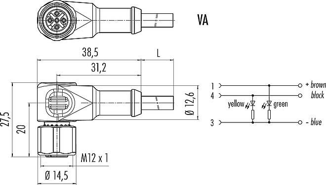 Dessin coté M12 Connecteur femelle coudé, Contacts: 3, non blindé, surmoulé sur le câble, IP68/IP69K, UL 2238, PUR, noir, 3 x 0,34 mm², avec LED, PNP, Acier inoxydable, 5 m