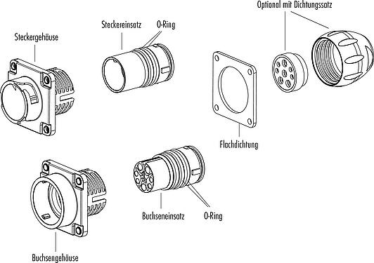 Einzelteildarstellung Bajonett Flanschstecker, Polzahl: 4+PE, ungeschirmt, crimpen (Crimpkontakte müssen separat bestellt werden), IP68/IP69K, UL 2238, VDE, Frontmontage, UV-Beständig