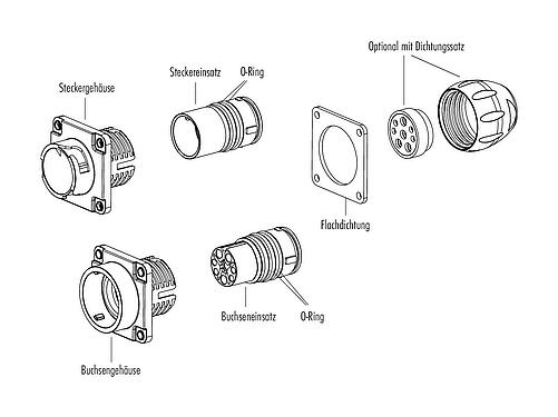 Einzelteildarstellung Bajonett Flanschstecker, Polzahl: 4+PE, ungeschirmt, crimpen (Crimpkontakte müssen separat bestellt werden), IP68/IP69K, UL 2238, VDE, Frontmontage, UV-Beständig