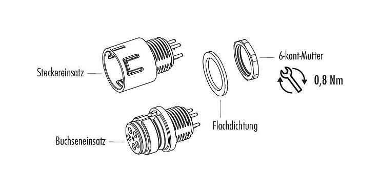 Einzelteildarstellung Snap-In Flanschstecker, Polzahl: 3, ungeschirmt, THT, IP67, M12x1,0, Frontmontage