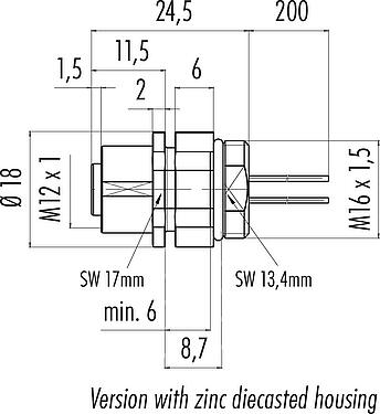 縮尺図 M12 メスパネルマウントコネクタ, 極数: 5, 非シールド, 単線, IP68, UL 2238, M16x1.5, フロントマウント
