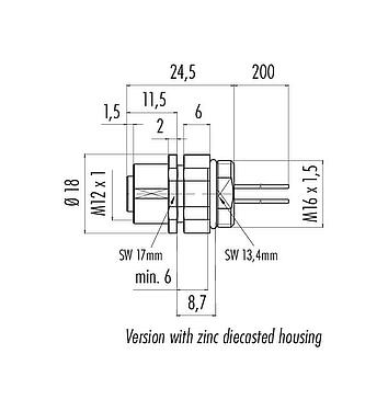 Výkres v měřítku M12 Přírubová zásuvka, : 4, nestíněný, Splétané vodiče, IP68, UL 2238, M16x1,5, Přední montáž, pro napájení