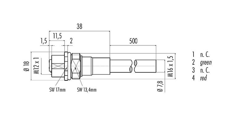 Méretarányos rajz M12 panelre szerelhető foglalat, : 2, árnyékolt, kábelre konfekcionált, IP68, M16x1,5, Profibus, PUR, lila, 1 x 2 x 0,25 mm², elülső rögzítés, 0,5 m