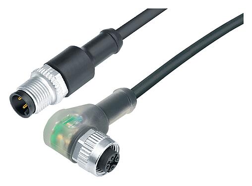 Abbildung M12 Verbindungsleitung Kabelstecker - Winkeldose mit LED, Polzahl: 3, ungeschirmt, am Kabel angespritzt, IP68/IP69K, PUR, schwarz, 3 x 0,34 mm², mit LED PNP, 2 m