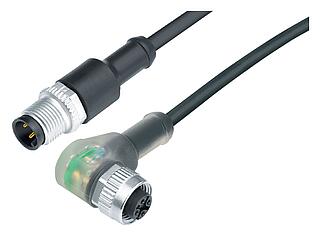 M12 연결 케이블 케이블 커넥터- LED각진 소켓, 콘택트 렌즈: 3, 차폐되지 않음, 케이블에 몰딩, IP68/IP69K, PUR, 검정, 3x0.34mm², LED PNP 포함, 2m