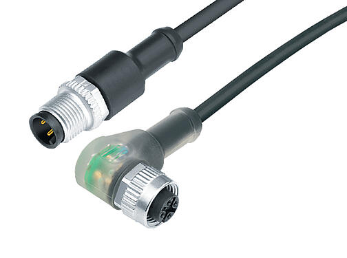 Illustratie 77 3634 3429 50003-0200 - M12/M12 Verbindingskabel kabelstekker - female haakse connector met LED, aantal polen: 3, onafgeschermd, aan de kabel aangegoten, IP69K, PUR, zwart, 3 x 0,34 mm², met LED PNP, 2 m
