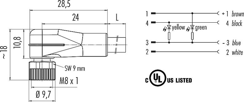 Scale drawing M8 Female angled connector, Contacts: 4, unshielded, moulded on the cable, IP67/IP69K, UL 2238, PVC, grey, 4 x 0.34 mm², 2 m