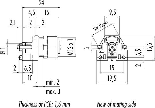 Scale drawing M12 Female panel mount connector, Contacts: 5, shieldable, THR, IP68, UL 2238, M12x1.0, Front mounting, for PCB assembly