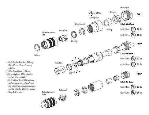 Montageanleitung M16 Kabelstecker, Polzahl: 5 (05-a), 4,0-6,0 mm, schirmbar, löten, IP67, UL 2238