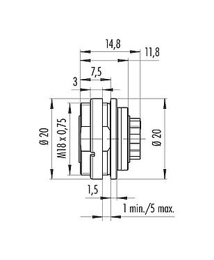 Scale drawing M16 Female panel mount connector, Contacts: 4 (04-a), unshielded, crimping (Crimp contacts must be ordered separately), IP67, UL 2238, M18x0,75, Rear mounting