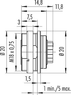 Scale drawing M16 Female panel mount connector, Contacts: 7 (07-a), unshielded, crimping (Crimp contacts must be ordered separately), IP67, UL 2238, M18x0,75, Rear mounting