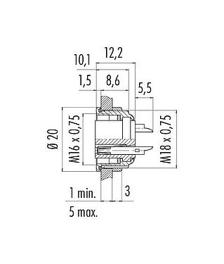 Maßzeichnung M16 Flanschdose, Polzahl: 6 (06-a), ungeschirmt, löten, IP67, UL 2238, M18x0,75, Frontmontage