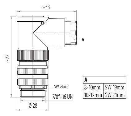 Dessin coté 7/8" Connecteur mâle coudé, Contacts: 4+PE, 10,0-12,0 mm, non blindé, pince à visser, IP67, UL 2238, VDE