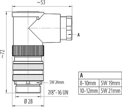 Mittakaavapiirustus 7/8" Kulmapistoke, Napojen määrä: 2+PE, 8,0-10,0 mm, suojaamaton, ruuviliitin, IP67, UL 2238, VDE
