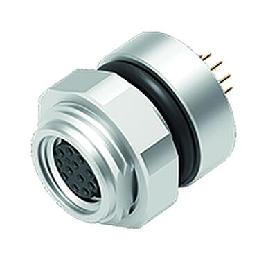 Illustration M8 Female panel mount connector, Contacts: 12, unshielded, THT, IP67/IP69K, UL 2238, M10x0.75, Rear mounting, screwable from the front