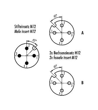 Polbild (Steckseite) M12 Zweifachverteiler, Y-Verteiler, Stecker - 2 Dosen, Polzahl: 4, ungeschirmt, steckbar, IP68, UL 2238