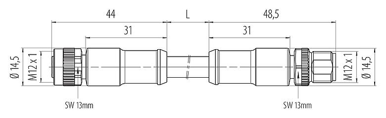 Maßzeichnung M12 Verbindungsleitung Kabelstecker - Kabeldose, Polzahl: 2+PE, ungeschirmt, am Kabel angespritzt, IP68, UL 2238, PUR, schwarz, 3 x 1,50 mm², 2 m
