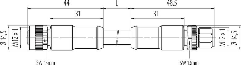Schaaltekening M12 Verbindingskabel kabelstekker - kabeldoos, aantal polen: 2+PE, onafgeschermd, aan de kabel aangegoten, IP68, UL 2238, PUR, zwart, 3 x 1,50 mm², 2 m
