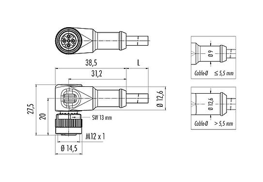 Scale drawing M12 Female angled connector, Contacts: 5, unshielded, moulded on the cable, IP68/IP69K, UL 2238, PVC, grey, 5 x 0.34 mm², 2 m