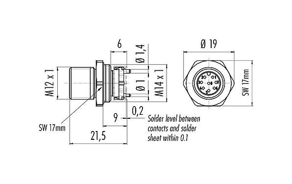 Výkres v měřítku M12 Přírubová zátka, : 8, nestíněný, SMT, IP67, M12x1,0, Přední montáž