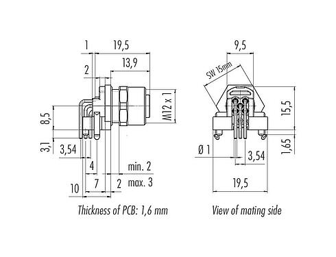 Výkres v měřítku M12 Přírubová zásuvka, : 5, stínitelné, THR, IP68, UL 2238, M12x1,0, Montáž na zadní stěnu