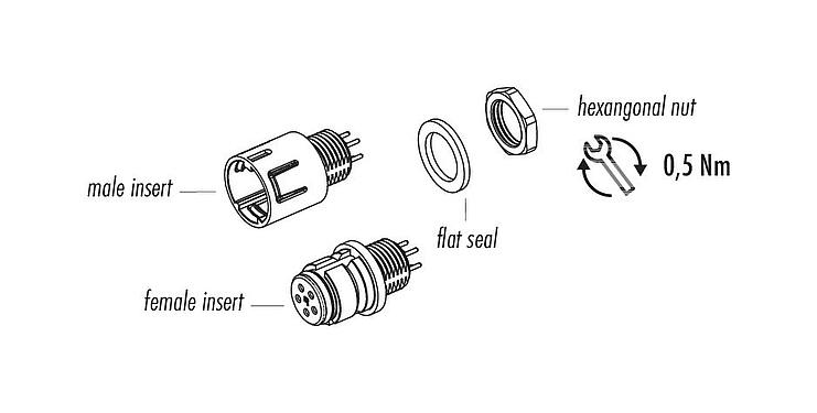 Component part drawing Snap-In Female panel mount connector, Contacts: 3, unshielded, THT, IP67, UL 2238, M8x0,75, Front mounting