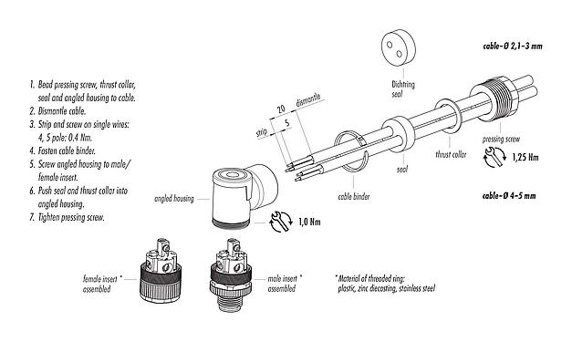 Instructions de montage M12 Connecteur duo - connecteur d‘angle femelle, Contacts: 4, 2.1-3.0 mm (2 câble) ou 4-5 mm (2 câble), non blindé, pince à visser, IP67