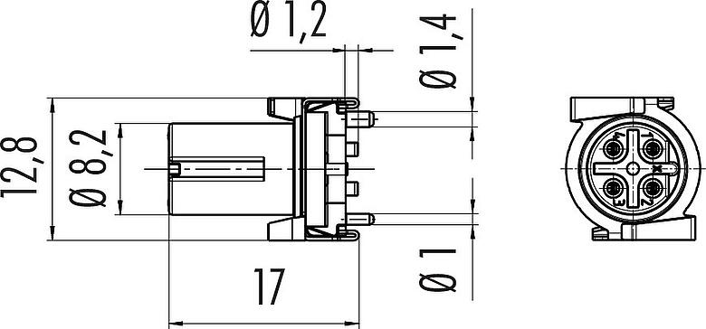 縮尺図 M12 メスレセプタクル, 極数: 4, シールド可能, SMT, IP67
