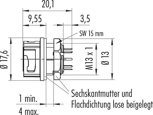 Maßzeichnung Bajonett Flanschdose, Polzahl: 8, ungeschirmt, löten, IP67, M13x1,0, Frontmontage