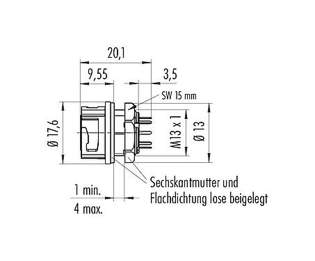 Maßzeichnung Bajonett Flanschdose, Polzahl: 8, ungeschirmt, THT, IP67, M13x1,0, Frontmontage